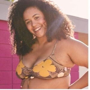 Aerie Scoop Bikini Top Tropical Floral Brown Pink Ribbed Ruched Size XXL NWOT